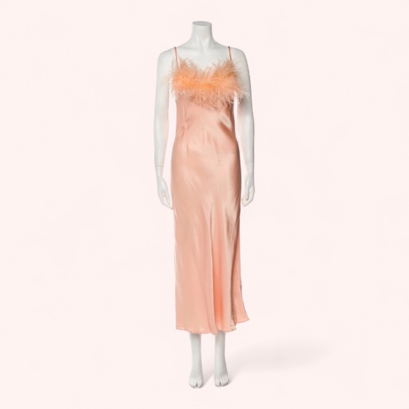 Sleeper Sultry Retro Dreamy Peach Feather Trim Glam Satin Slip Dress NWT Size S - Picture 3 of 12